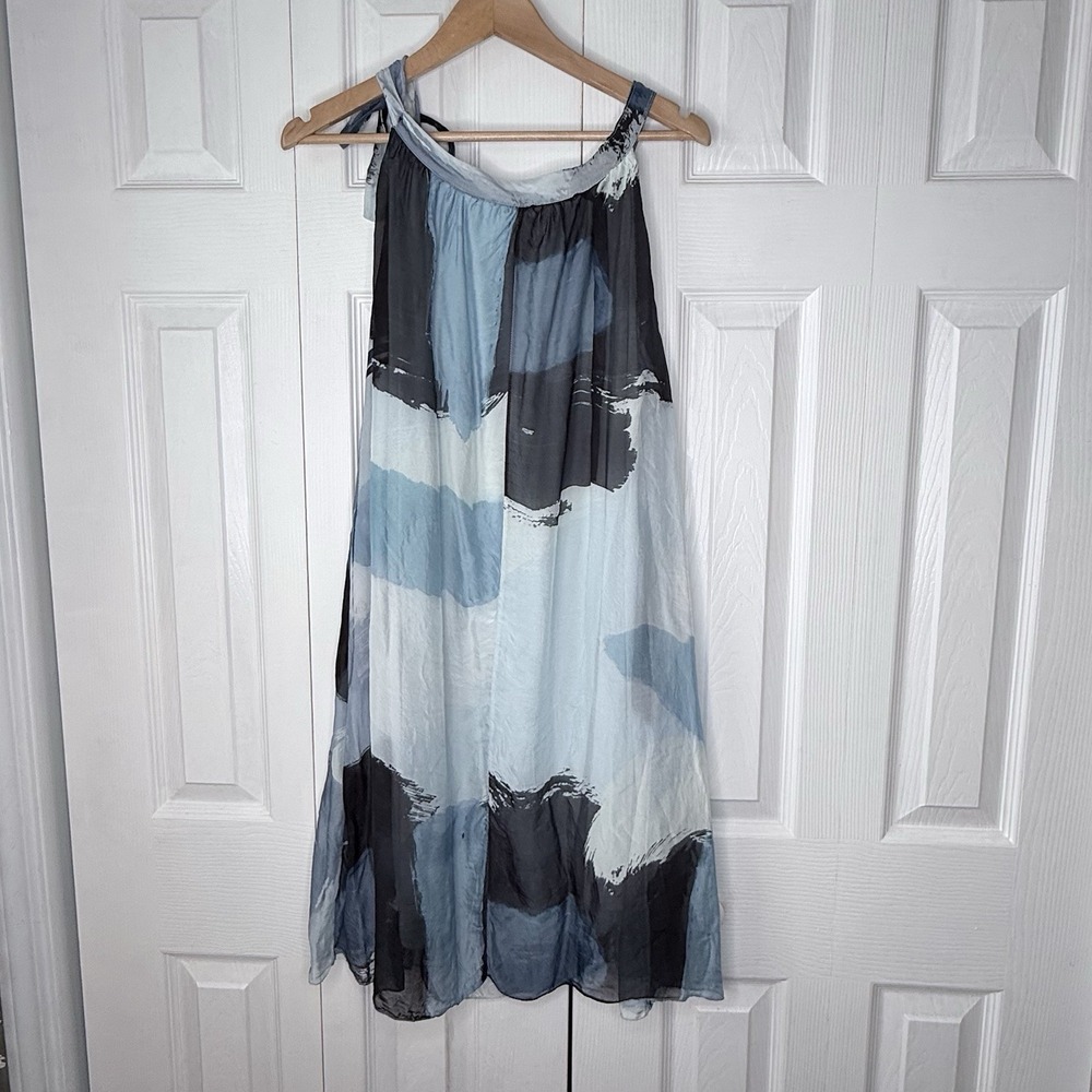 BELLAMBRA‎ Silk Blend Dress L Large Blue Black Abstract Watercolor Made in Italy - Picture 3 of 9